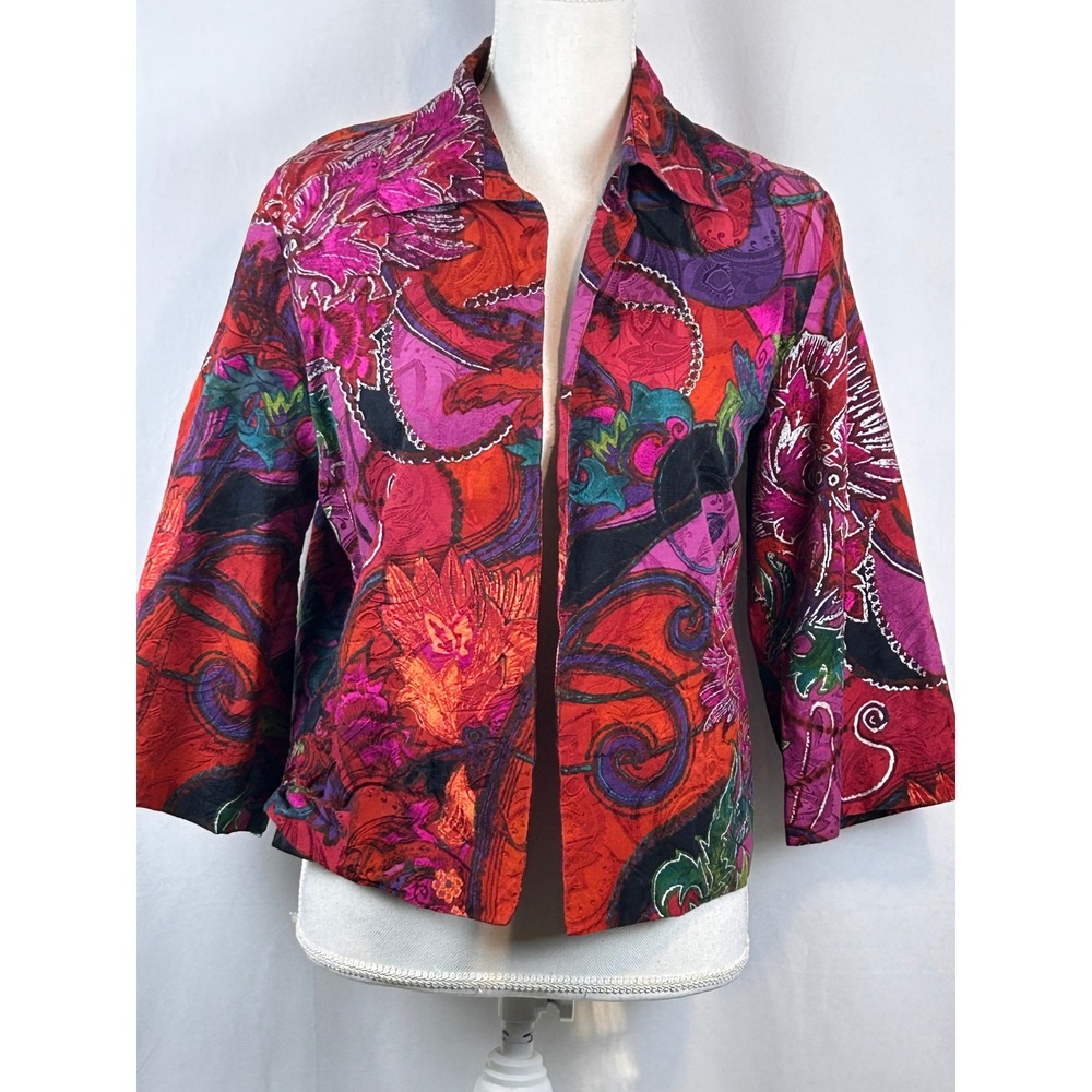 Chico's Open Front Jacket Women Size 1 Red Multi Floral Silk Blend Excellent